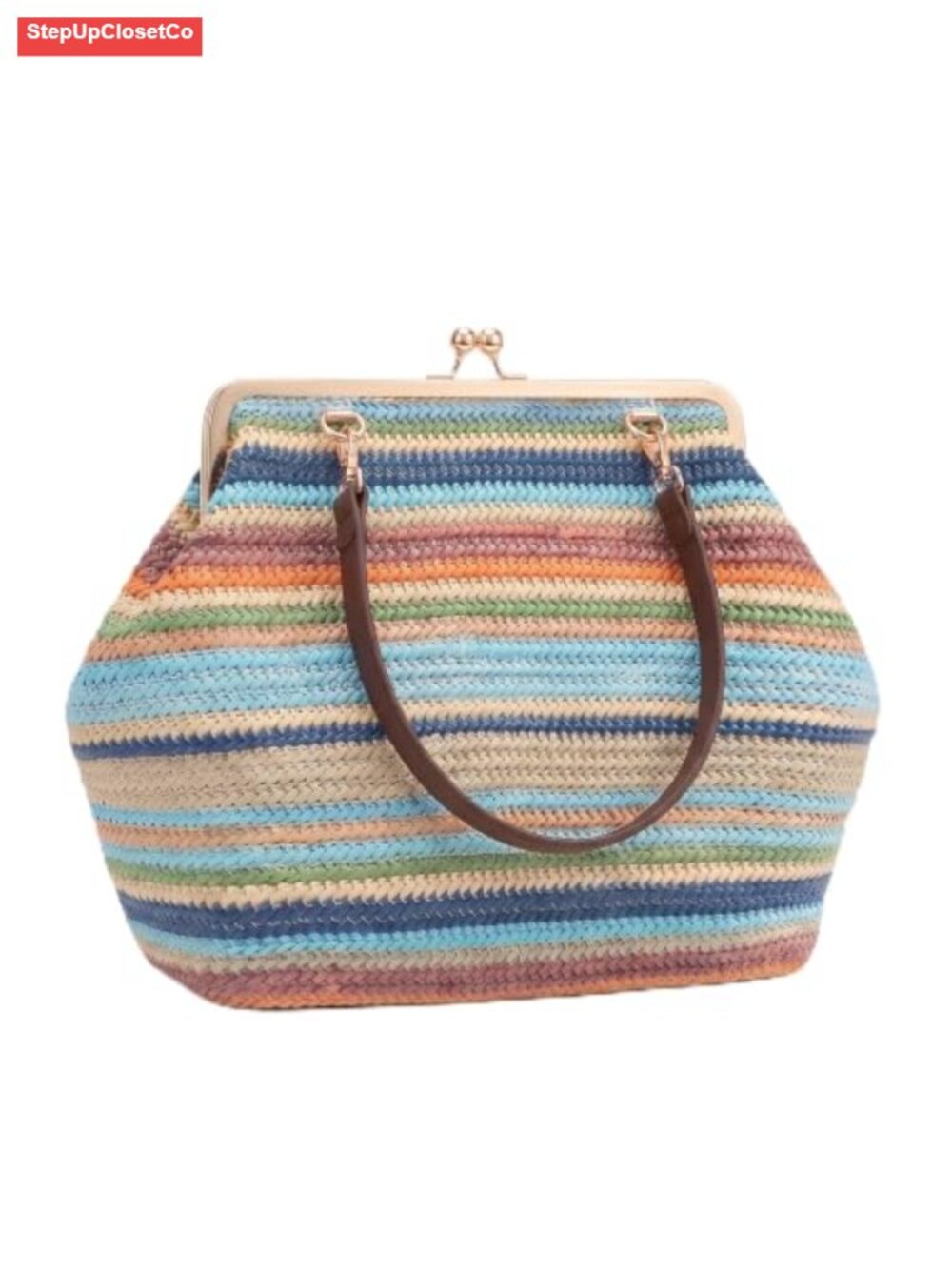 Woven Kiss-Lock Bag for Women Retro Top Handle Satchel Shoulder Bag Tote